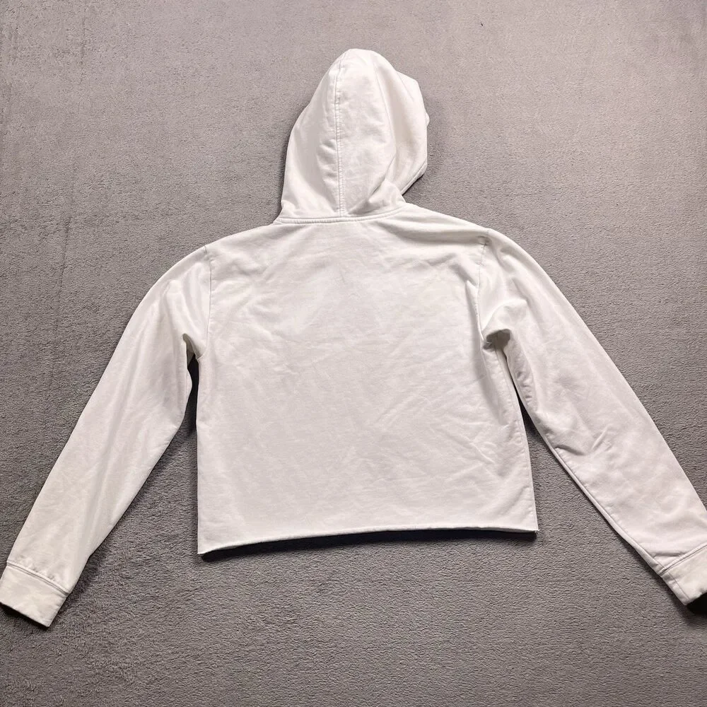 GUESS Cropped Hoodie Womens XS White Pink Flame Logo Y2K Streetwear Raw Hem